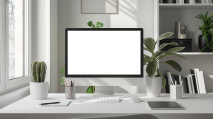 Modern bright private room with work desk and computer white mockup screen