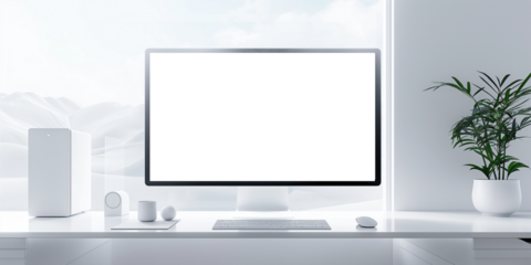 Modern bright private room with work desk and computer white mockup screen