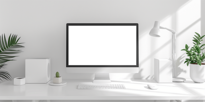 Modern bright private room with work desk and computer white mockup screen - Powered by Adobe