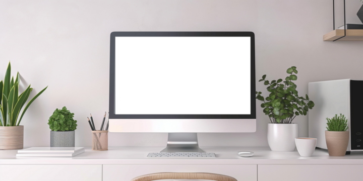 Modern bright private room with work desk and computer white mockup screen