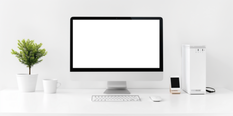 Modern bright private room with work desk and computer white mockup screen