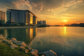 Modern office buildings by Putrajaya Lake, Malaysia at sunset
