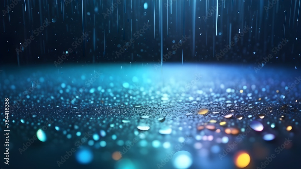 Poster Abstract blue background with raindrops. Clear water droplets create a pattern on a glass surface,