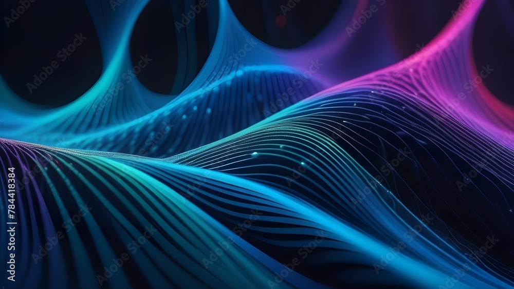 Poster abstract digital wave design with futuristic technology elements. blue motion blur and neon glow