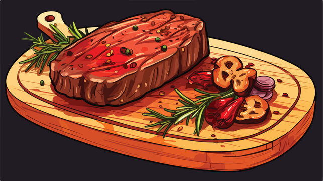 Grilled beef steak served on wooden board 2d flat cartoon