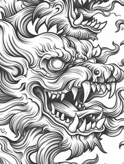 Clean line art of a seamless pattern, featuring furious motifs, set against a stark white background for contrast,