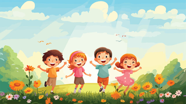 Group of cheerful kids playing outdoors. Children j