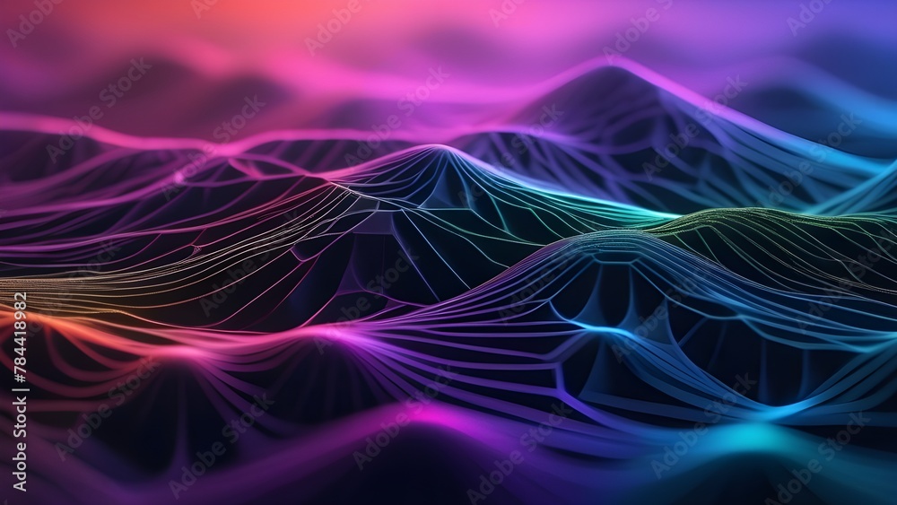 Poster Futuristic abstract wave digital background. Blue geometric flow with glowing lines representing