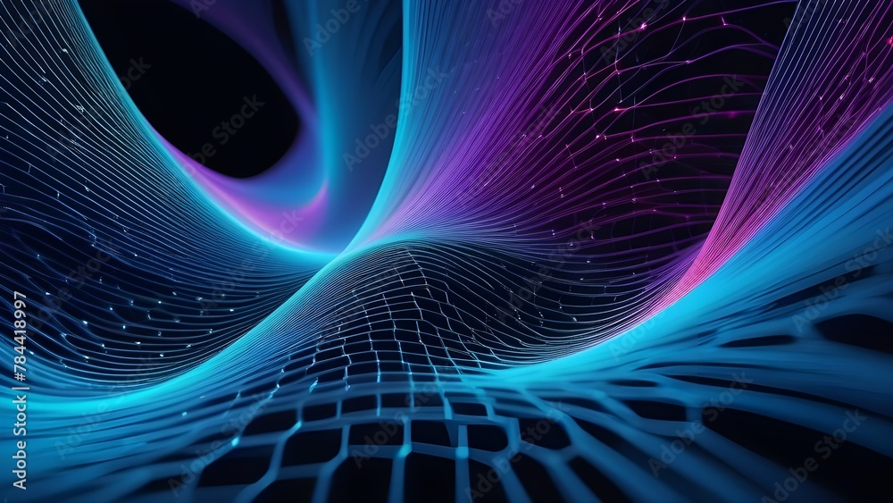 Poster Futuristic abstraction with dynamic waves of glowing energy. Technology meets art in a space-themed