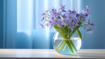 Bright spring bouquet in glass vase on wooden table. Floral beauty, blooming flowers in colorful