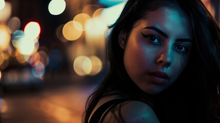 Young Asian woman enjoying the outdoor nightlife, dark background with bokeh lights.