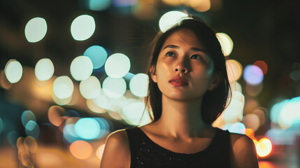 Young Asian woman enjoying the outdoor nightlife, dark background with bokeh lights.