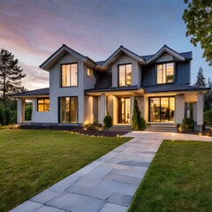 modern house with garden.a modern farmhouse-style luxury home exterior at twilight, with warm lights casting a soft glow on the sleek facade. The surrounding landscape is bathed in the soft hues of du - obrazy, fototapety, plakaty