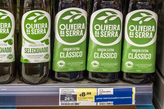 Close up of an olive oil bottle for sale in a supermarket in Lisbon, Portugal