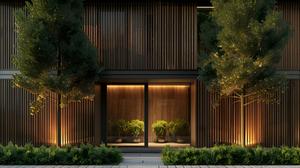 Modern home entrance with a striking wooden door, leather armchair, and ambient lighting nestled among greenery ,Wooden entrance door to modern white house with paving footpath and backside garden - obrazy, fototapety, plakaty