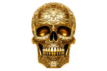 Radiant Gold Skull: Intricate Ornaments of Eternity. On White or PNG Transparent Background.