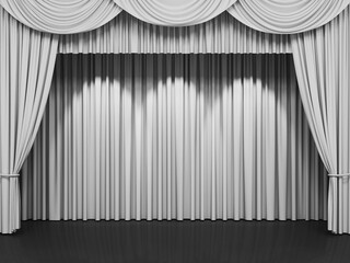 Luxury silk stage or window curtains. Interior design, waiting for show, movie end, revealing new product, premiere, marketing concept. 3D illustration - 784419993