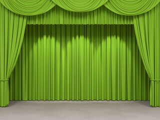 Luxury silk stage or window curtains. Interior design, waiting for show, movie end, revealing new product, premiere, marketing concept. 3D illustration - 784420111