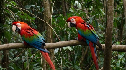 Fototapeta premium Near the Chuncho Clay Lid in Tambopata, in the Amazonian rainforest of Manu National Park, Peru, is a flock of red-and-green and scarlet macaws.