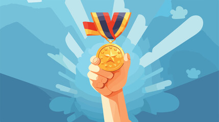 Hand holding gold medal with ribbon as reward. Pers - obrazy, fototapety, plakaty