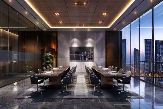 Small modern office boardroom and meeting room interior with desks, chairs and cityscape view. Interior of a modern office. Meeting room. Concept, digital. 