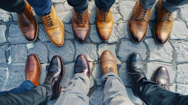 A lineup of stylish mens business shoes arranged neatly in a row, showcasing a variety of designs and colors
