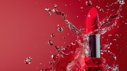Watery red lipsticks create a vibrant splash on a crimson backdrop.