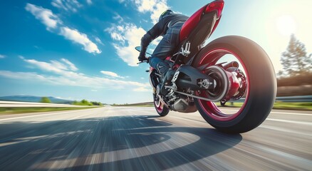 A high speed shot of the red and black motorcycle, with its rider leaning forward in motion on an...