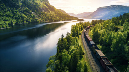 A train moves through a dense green forest, surrounded by vibrant foliage and tall trees - obrazy, fototapety, plakaty