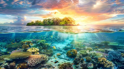 Fotobehang A coral reef stretches out in front of a small tropical island in the distance © Anoo