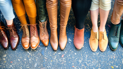 A colorful array of business and womens shoes lined up in a row, showcasing a variety of styles and colors