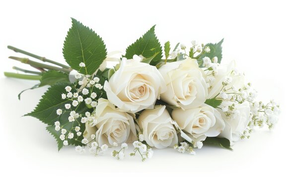 A bouquet of white roses  are elegantly arranged on the left side against a pure white background