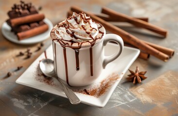 A cup of hot chocolate with whipped cream and drizzled chocolate, served on an elegant white plate. A spoon is placed beside the mug to serve it
