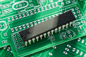 IC microchip or integrated circuit in DIP package on the printed circuit board.