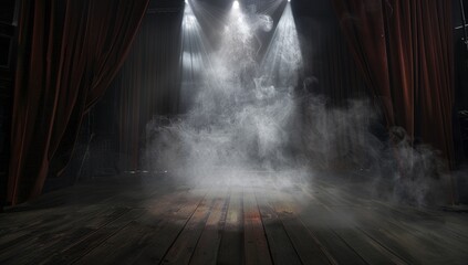 Elegant Red Velvet Stage with Spotlight and Swirling Smoke, Set for a Thrilling Performance