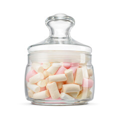 Glass jar of pink, yellow, white puffy marshmallows isolated. Transparent PNG image.