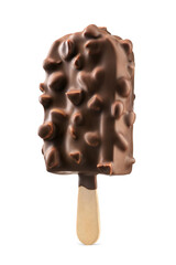 Dark chocolate ice cream popsicle with nuts on a wooden stick isolated. Transparent PNG image.