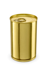 Clean yellow metallic tin can for preserved food isolated. Transparent PNG image.
