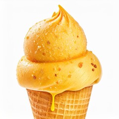 Lemon ice cream cone with salted caramel on white background