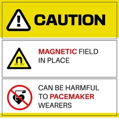  MRI. Warning! Pacemaker and magnetic hazard warning sign and labels restricted access. Magnetic field in place.