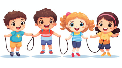 Happy cute kids play jump rope. Cartoon children pl