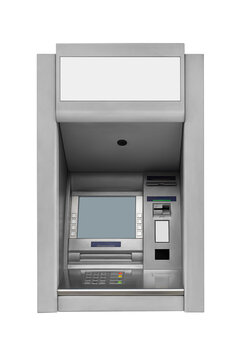 Gray wall mounted ATM cash machine with blank screen isolated. Transparent PNG image.