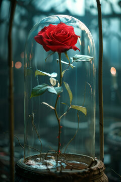 An enchanting rose symbolizes beauty and fragility encapsulated in a glass case, reminiscent of the fairy tale Beauty and the Beast.