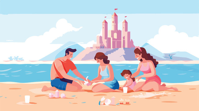 Happy family building sand castle on beach. Flat vector
