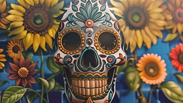 Colorful Sugar Skull Mural with Sunflowers with Ai generated.
