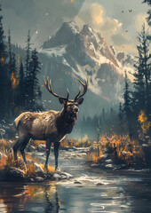 Deer in water, mountains backdrop natural landscape with atmospheric phenomenon