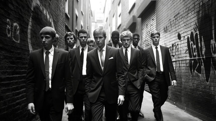 Mysterious men in suits walking in alley