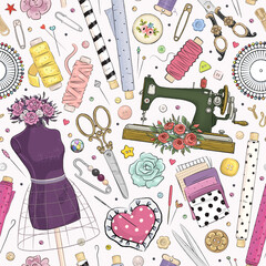 Seamless pattern with hand drawn sewing tools. Atelier wallpaper, textile or wrapping paper design template. Cartoon hand made equipment background. Vector illustration