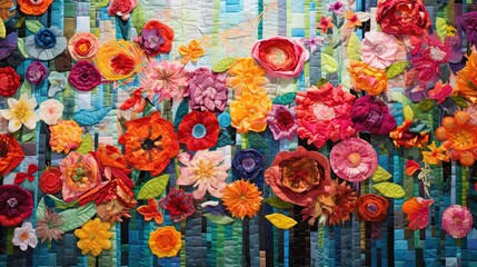 Gorgeous abstract array of vibrant fabric patches, intermixed with fresh spring flowers.