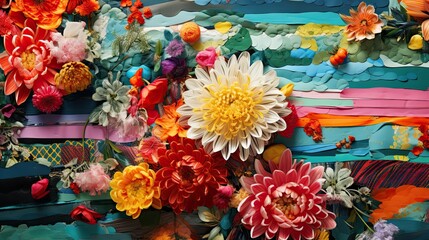 Gorgeous abstract array of vibrant fabric patches, intermixed with fresh spring flowers.